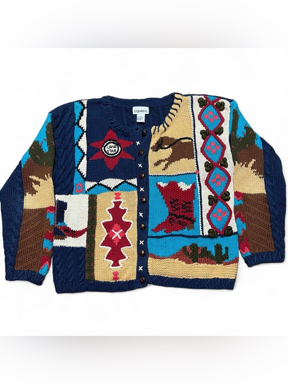 VTG 90s Caridgan Womens Medium Western Retro Funky Colorful Crop Knit Cowboy
